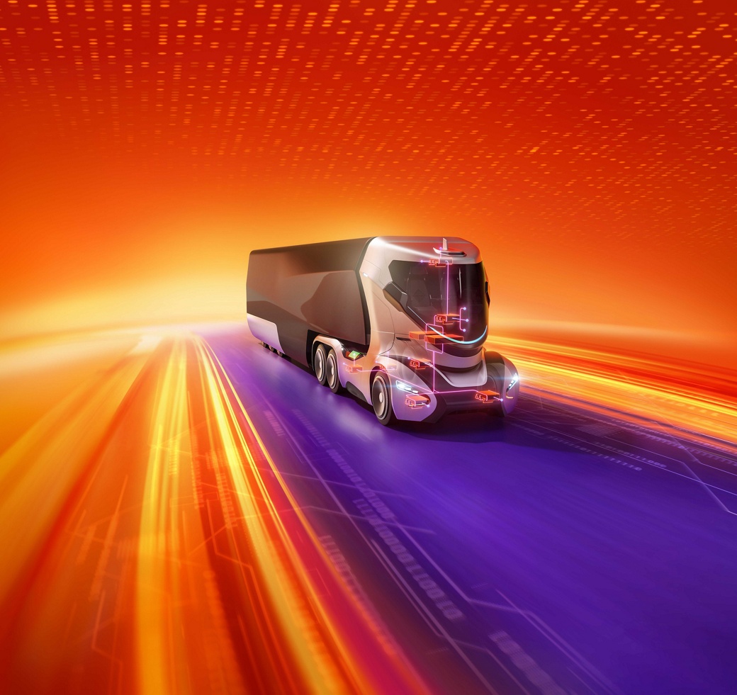 Futuristic autonomous concept truck with color-coded control units speeding along a digital highway, surrounded by dynamic motion blur in orange, yellow, and purple light streaks against a vivid red-orange background. Software-defined vehicles (SDV): enabling continuous Innovation