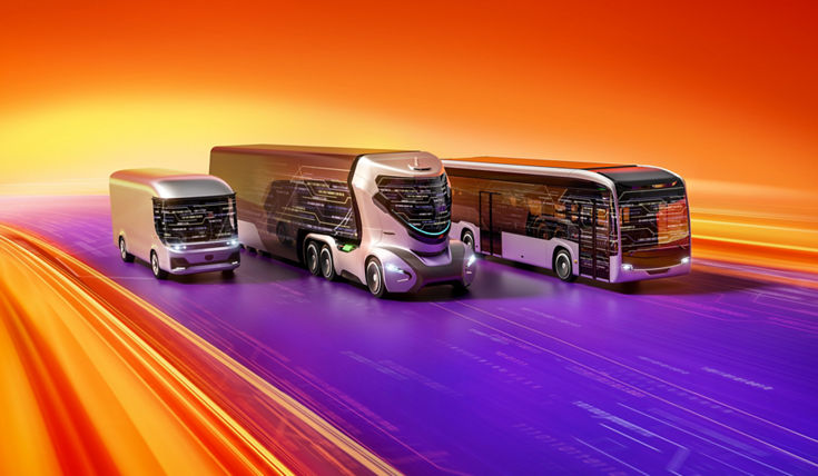 Futuristic autonomous concept truck, bus and van speeding along a digital highway, surrounded by dynamic motion blur in orange, yellow, and purple light streaks against a vivid red-orange background.