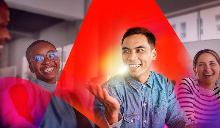 Group of individuals engaged in conversation in a modern indoor environment, highlighted by vivid red and purple graphic overlays.