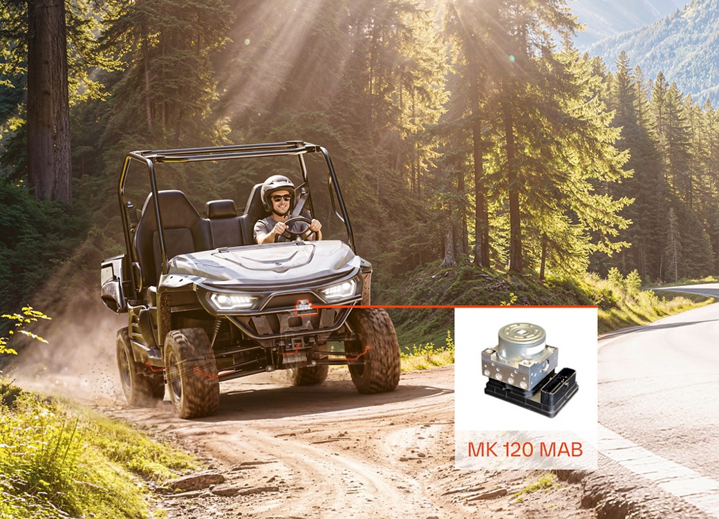 The MK 120 MAB incorporates different stability functions for powersports vehicles, including active yaw control and front- and rear-wheel lift mitigation.