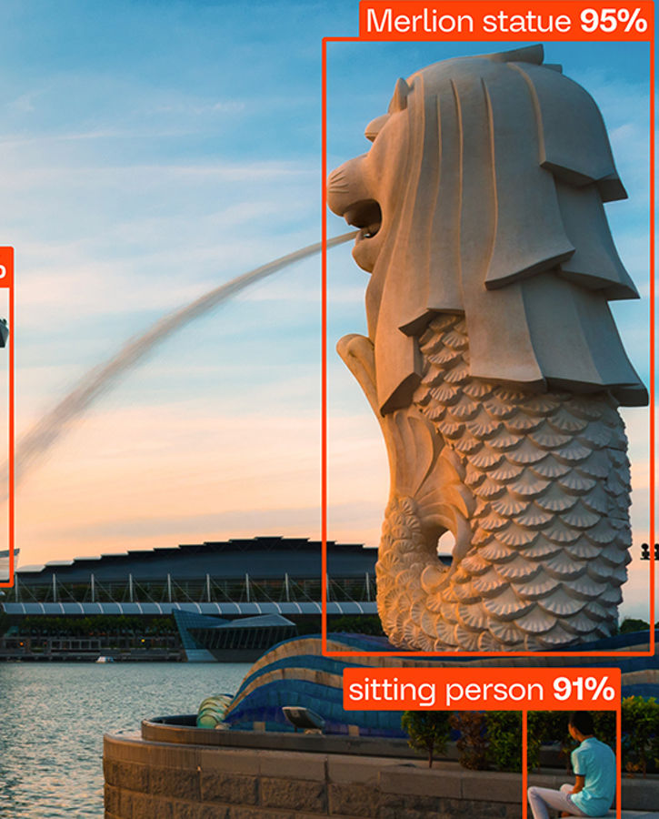 The image shows a view of Marina Bay in Singapore at sunset. Several elements in the photo are marked with orange rectangles, which are part of AI-empowered object recognition and image analysis. Each rectangle is labeled with a designation and a percentage indicating the probability of recognition or model confidence.
