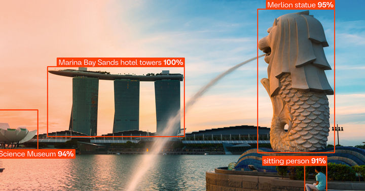 The image shows a view of Marina Bay in Singapore at sunset. Several elements in the photo are marked with orange rectangles, which are part of AI-empowered object recognition and image analysis. Each rectangle is labeled with a designation and a percentage indicating the probability of recognition or model confidence.