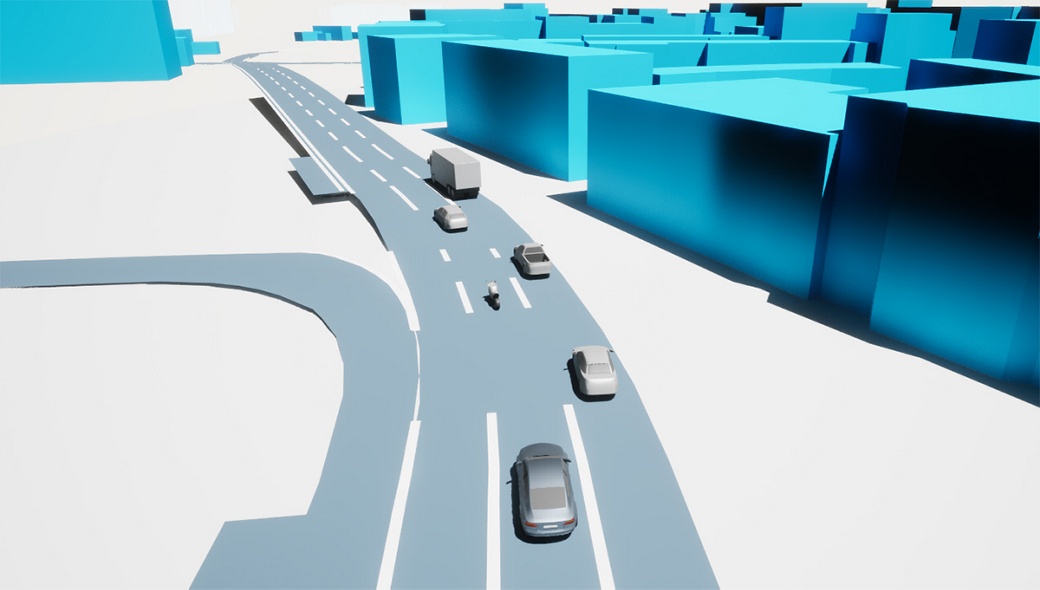 Bild der virtuellen 3D-Umgebungsansicht, das andere Verkehrsteilnehmer, Straßen mit Fahrbahnmarkierungen und Gebäude rund um die aktuelle Position in 3D-Modellen anzeigt. 