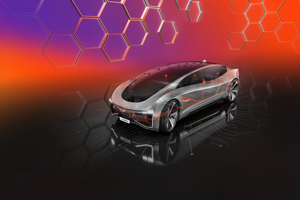 Das Bild zeigt ein Konzeptfahrzeug von AUMOVIO, das mit Xelve Park ausgestattet ist, einer Technologie, die hochauflösende Kameras und fortschrittliche Ultraschallsensoren nutzt, um ein Höchstmaß an Präzision und Sicherheit beim Einparken zu gewährleisten. Xelve Park ist für fortschrittliche Einparkhilfen optimiert und sorgt für ein nahtloses und sicheres Einparkerlebnis.  