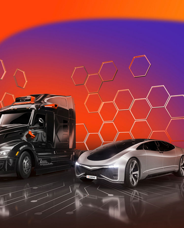 The image shows a truck and passenger car equipped with AUMOVIO Xelve, a scalable ADAS system set-up for volume and premium markets, where hardware and automotive software harmonize to create a seamless system that is the entry point for the software-defined vehicle covering L2-L4, in addition to offering a comprehensive catalog of functions.
