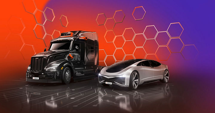 The image shows a truck and passenger car equipped with AUMOVIO Xelve, a scalable ADAS system set-up for volume and premium markets, where hardware and automotive software harmonize to create a seamless system that is the entry point for the software-defined vehicle covering L2-L4, in addition to offering a comprehensive catalog of functions.