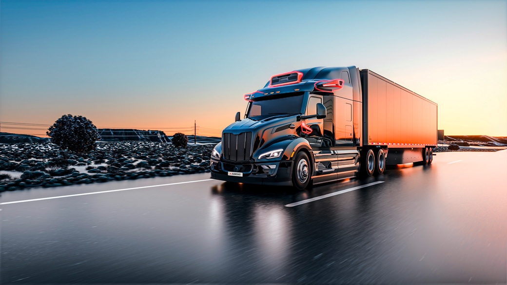 Ein großer amerikanischer Lkw auf einer Straße mit orangefarbenen Sensoren für autonomes Fahren bei Sonnenuntergang.
