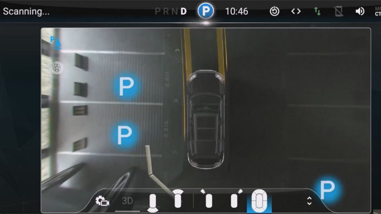 Forward parking video of a vehicle that recognizes all available parking spaces as it drives along and displays them on the screen. Once the driver has reached the parking spot they want to park in, they simply select it from the screen.
