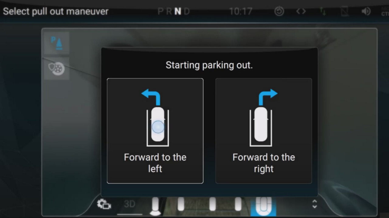 Forward pull-out video of a vehicle. The driver can select whether the car should pull-out of the parking space to the left or to the right by selecting the direction on the touchscreen.