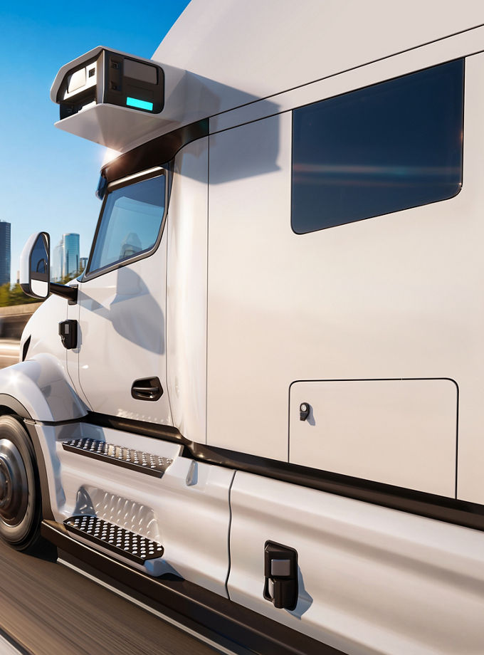 An autonomous truck is driving to a big city.