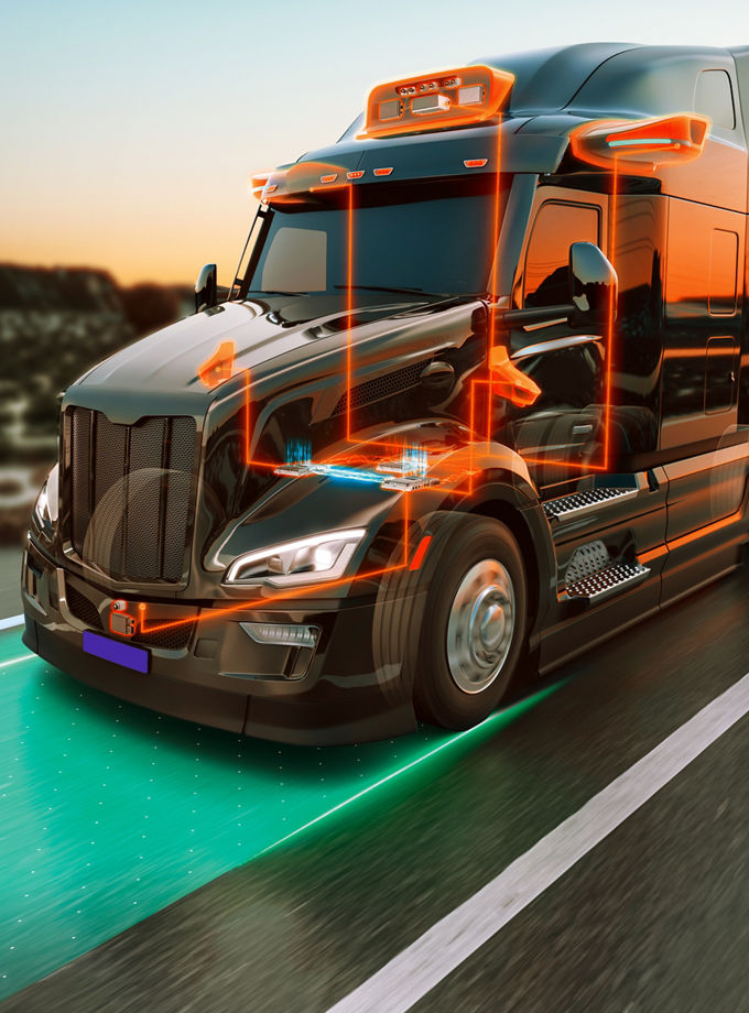 Image of a concept truck from AUMOVIO in collaboration with Aurora to realize commercially scalable autonomous trucking systems. AUMOVIO and Aurora Innovation, Inc. have entered into an exclusive partnership to deliver the first commercially scalable generation of Aurora's flagship integrated hardware and software system, the Aurora Driver.