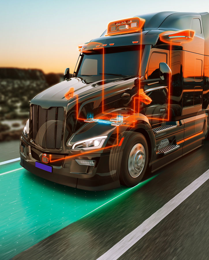 Image of a concept truck from AUMOVIO in collaboration with Aurora to realize commercially scalable autonomous trucking systems. AUMOVIO and Aurora Innovation, Inc. have entered into an exclusive partnership to deliver the first commercially scalable generation of Aurora's flagship integrated hardware and software system, the Aurora Driver.