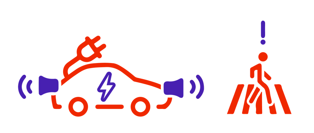 Bild des AVAS-Alarmsymbols mit einem stilisierten Elektrofahrzeug mit zwei Lautsprechern und einer Person auf einem Zebrastreifen mit einem Ausrufezeichen über ihrem Kopf als Reaktion/Erkennung eines sich nähernden Elektrofahrzeugs.