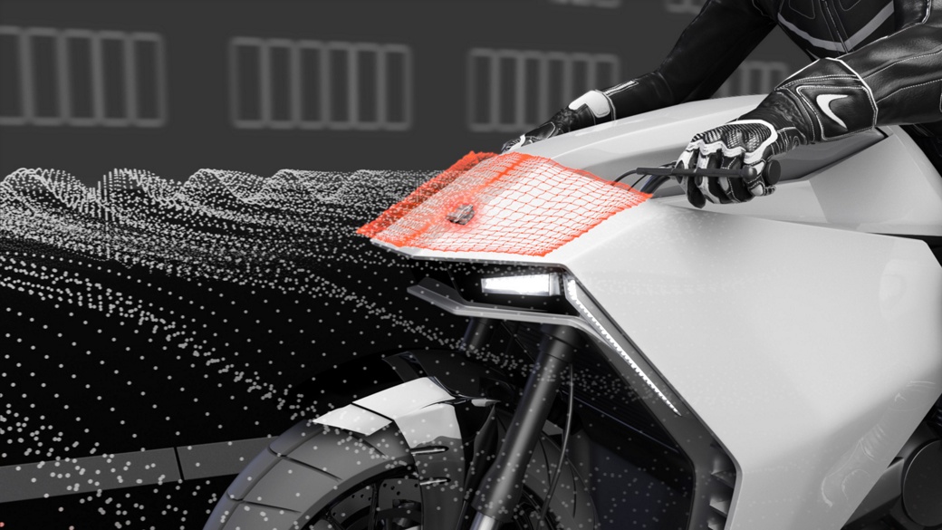 The image shows AUMOVIO's Acoustic Vehicle Alerting System (AVAS), represented by sound waves generated from the front of a motorcycle