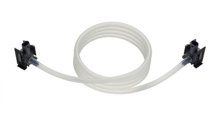 Image of a bidirectional pressure sensor assembly consisting of a coiled translucent tube connected to two black sensor modules at each end. The design highlights flexible installation for monitoring pressure in automotive systems.