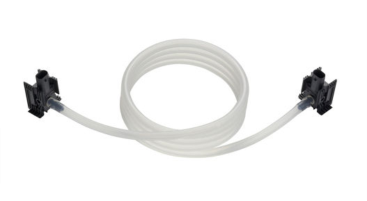 Image of a bidirectional pressure sensor assembly consisting of a coiled translucent tube connected to two black sensor modules at each end. The design highlights flexible installation for monitoring pressure in automotive systems.