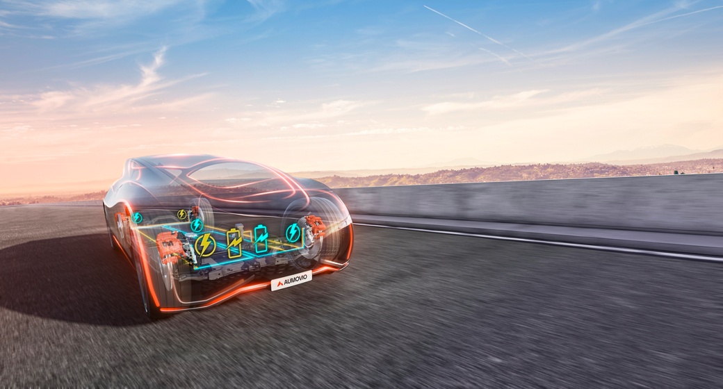 Vehicle in motion with electric componets highlighted while driving on the street