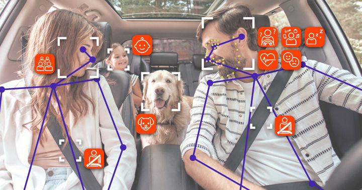 Interior view of a car with two front passengers and a dog sitting in the rear seat. The image includes overlaid graphics showing cabin sensing technology: purple skeletal outlines for body posture detection and orange icons representing features such as seatbelt status, driver attention, and occupant monitoring. The system highlights advanced in-cabin sensing for safety and comfort.