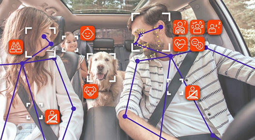 Interior view of a car with two front passengers and a dog sitting in the rear seat. The image includes overlaid graphics showing cabin sensing technology: purple skeletal outlines for body posture detection and orange icons representing features such as seatbelt status, driver attention, and occupant monitoring. The system highlights advanced in-cabin sensing for safety and comfort.