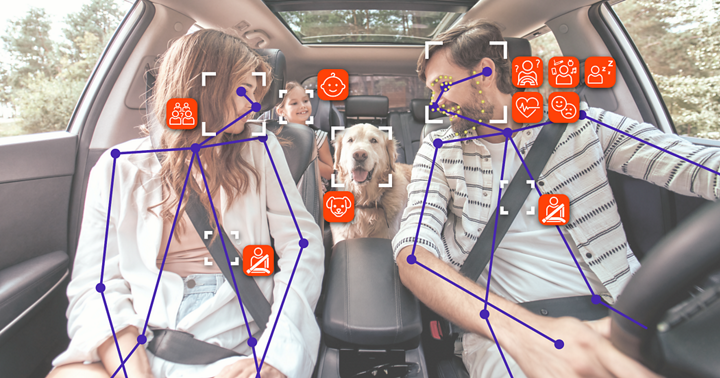 Interior view of a car with two front passengers and a dog sitting in the rear seat. The image includes overlaid graphics showing cabin sensing technology: purple skeletal outlines for body posture detection and orange icons representing features such as seatbelt status, driver attention, and occupant monitoring. The system highlights advanced in-cabin sensing for safety and comfort.
