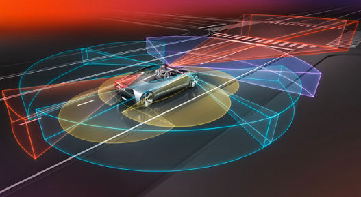 Image of a concept vehicle from AUMOVIO, in whose surroundings several blue, green, purple, and red areas are scanned via various cameras.
