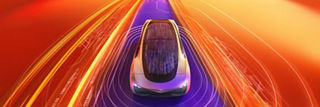 A futuristic car driving on a glowing digital road with vibrant orange, yellow, and purple light trails, representing advanced technology and the future of autonomous mobility.