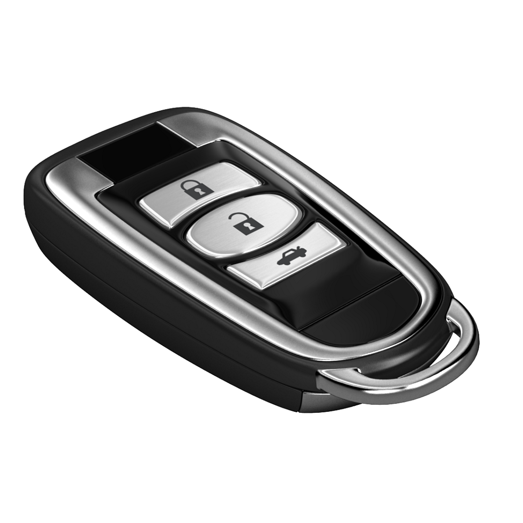 Das Bild zeigt einen aktuellen Fahrzeugschlüssel, der die Fernverriegelung/Entriegelung, die Freisprech-Entriegelung und die PASE-Komfortzonen steuert.