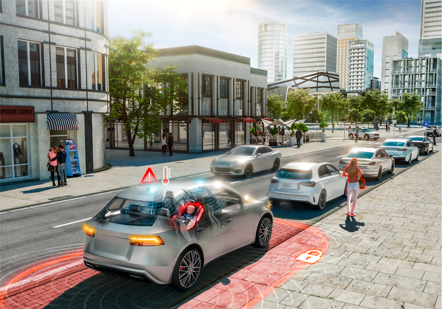 Bild einer Verkehrssituation. Eine Frau verlässt ihr Fahrzeug und vergisst ein kleines Kind auf dem Rücksitz. Das Fahrzeug warnt sie mit Hilfe der Kindererkennung mittels Ultrabreitband. Die Kindererkennungsfunktion identifiziert im Fahrzeug zurückgelassene Kinder und löst eine Warnung aus. Das System basiert auf innovativer Ultrabreitband-Technologie mit Sensorfunktionen.