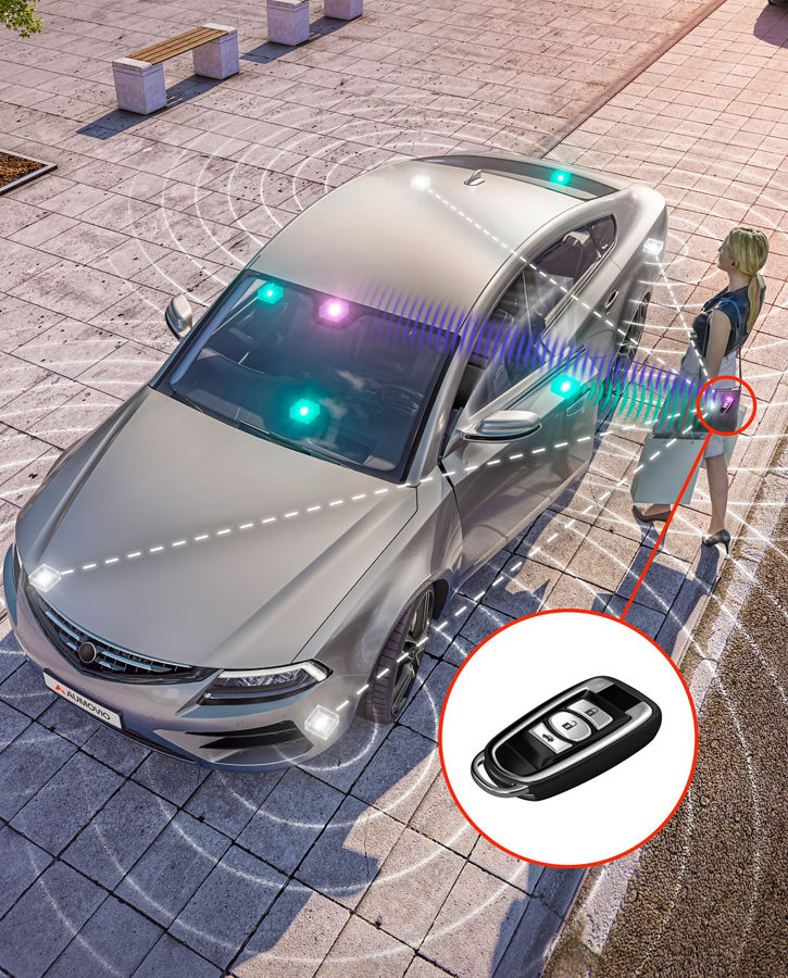 Image of an access situation in front of a vehicle, taken from above. The vehicle recognizes the car key in the woman's handbag and performs various personalized functions. The so-called PASE system enables keyless access to the vehicle and starts the engine without you having to hold the key in your hand. The vehicle system automatically recognizes the correct key when you approach and unlocks the vehicle. 