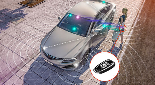 Image of an access situation in front of a vehicle, taken from above. The vehicle recognizes the car key in the woman's handbag and performs various personalized functions. The so-called PASE system enables keyless access to the vehicle and starts the engine without you having to hold the key in your hand. The vehicle system automatically recognizes the correct key when you approach and unlocks the vehicle. 