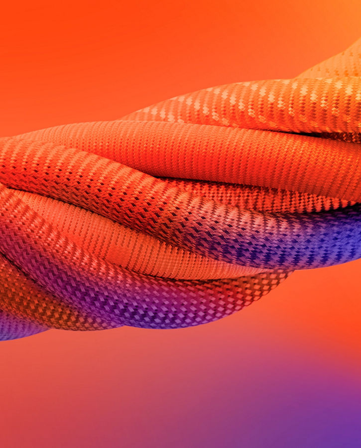 Close-up of a thick, twisted rope-like structure with a textured surface in vibrant orange tones, accented with purple highlights, set against a bright orange gradient background.