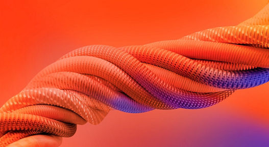 Close-up of a thick, twisted rope-like structure with a textured surface in vibrant orange tones, accented with purple highlights, set against a bright orange gradient background.