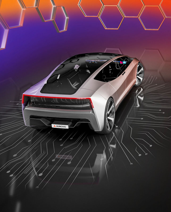 Image of a concept vehicle from AUMOVIO on a black background with circuit boards and purple and orange background.  Assisted and Automated Driving Control Units (ADCUs) are the central intelligence behind modern driver assistance and autonomous driving systems.