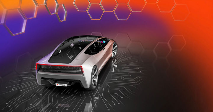 Image of a concept vehicle from AUMOVIO on a black background with circuit boards and purple and orange background.  Assisted and Automated Driving Control Units (ADCUs) are the central intelligence behind modern driver assistance and autonomous driving systems.