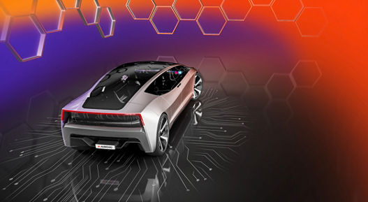 Image of a concept vehicle from AUMOVIO on a black background with circuit boards and purple and orange background.  Assisted and Automated Driving Control Units (ADCUs) are the central intelligence behind modern driver assistance and autonomous driving systems.
