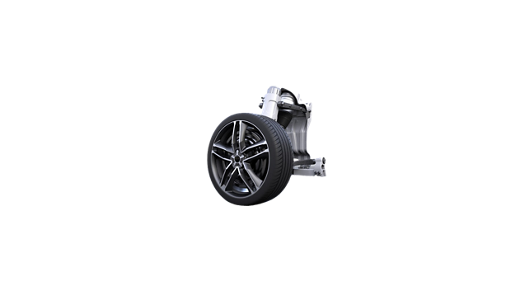 Front view picture of an AUMOVIO corner module. The Corner Module is a highly integrated unit consisting of chassis systems, propulsion and wheel. It reduces vehicle assembly time by plug & play and skipping the brake fill & bleed process. 