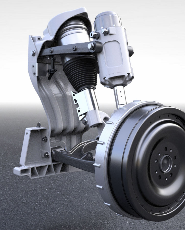Front view picture of an AUMOVIO corner module. The Corner Module is a highly integrated unit consisting of chassis systems, propulsion and wheel. It reduces vehicle assembly time by plug & play and skipping the brake fill & bleed process. 