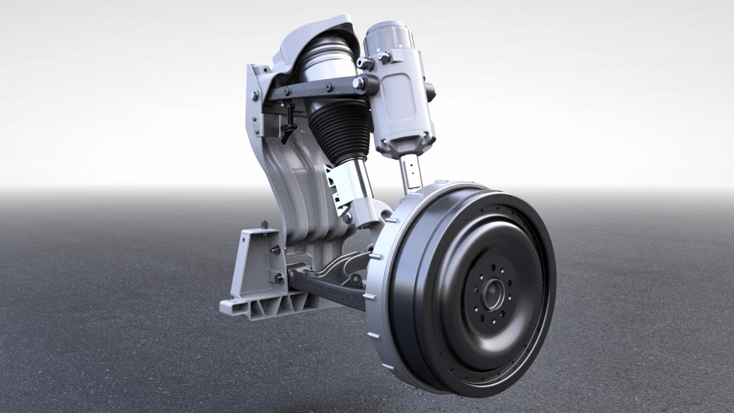 Vorderansicht eines AUMOVIO-Eckmoduls. Das Eckmodul ist eine hochintegrierte Einheit, die aus Fahrwerkssystemen, Antrieb und Rad besteht. Es reduziert die Fahrzeugmontagezeit durch Plug & Play und den Wegfall des Bremsenfüll- und -entlüftungsprozesses. 