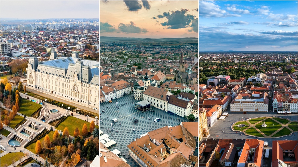 panoramic images of the cities where aumovio has sites in romania: Iasi, Sibiu, Timisoara