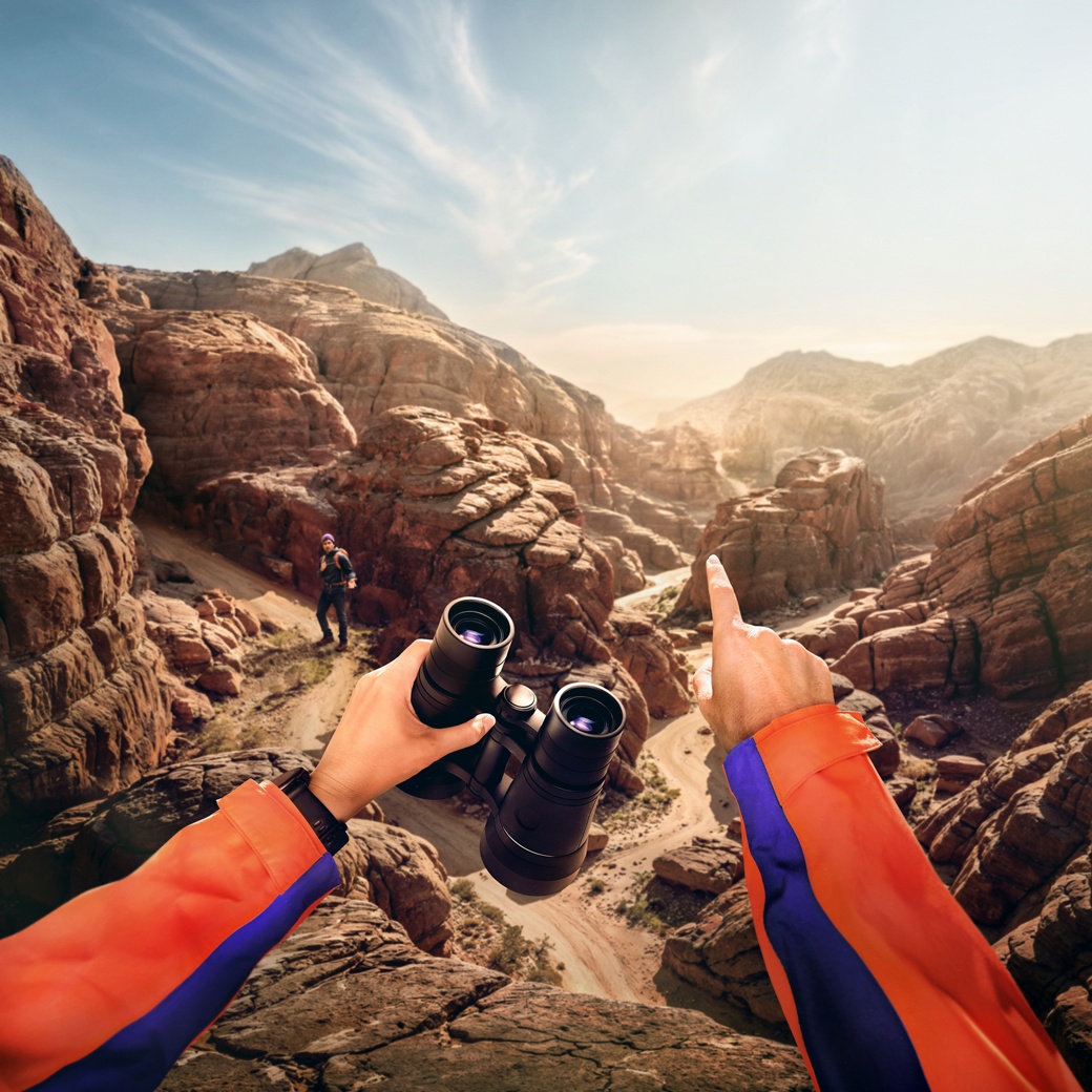  Person mit Fernglas, die auf zerklüftetes Berggelände zeigt, während eine weitere Person in der Ferne unter klarem Himmel auf einem felsigen Pfad steht.