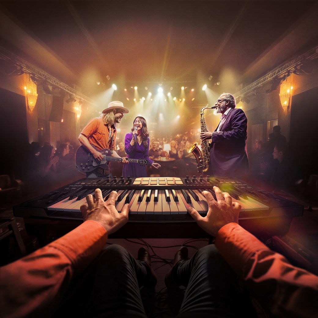   Bühnenauftritt mit Musikern, die unter hellen Scheinwerfern Gitarre, Saxophon und Keyboard spielen, während im Hintergrund das Publikum zu sehen ist.