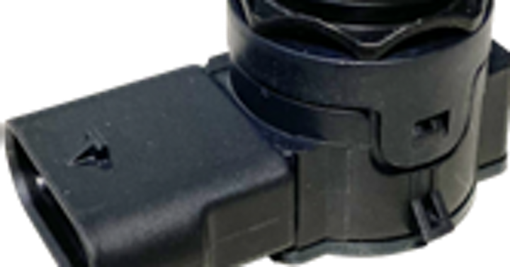 Compact black ultrasonic parking sensor with integrated connector for automotive applications.