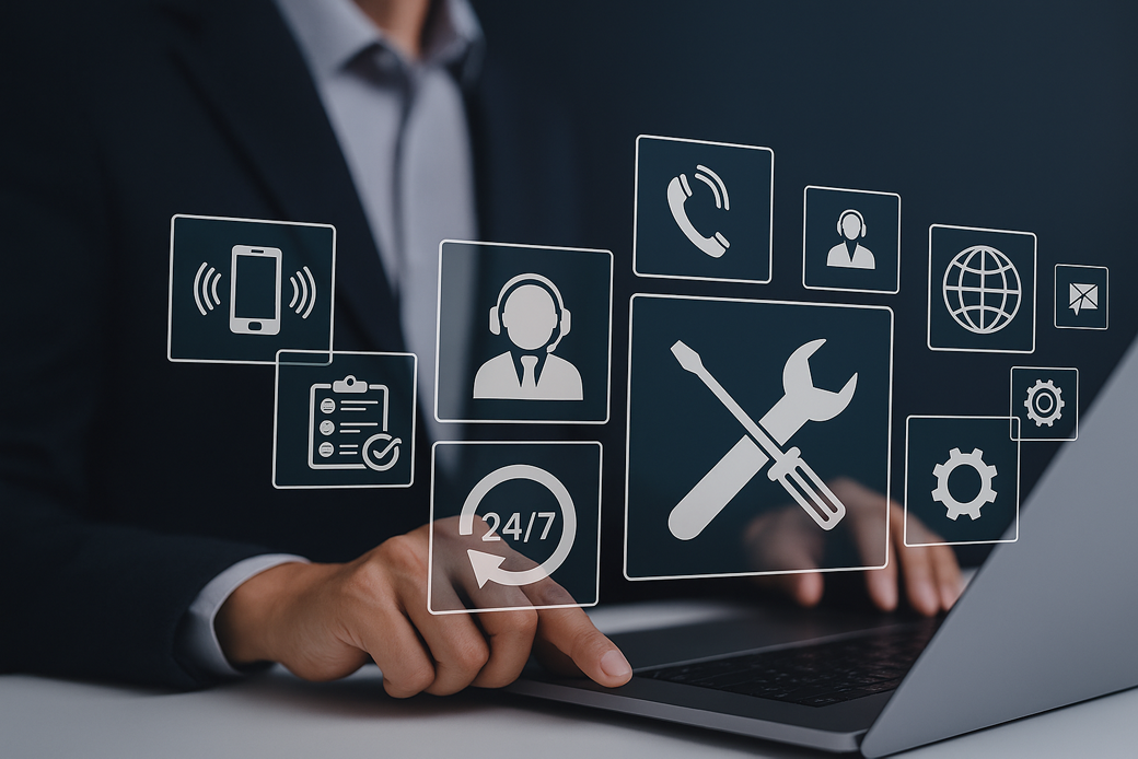 Dieses Bild veranschaulicht die personalisierten Dienstleistungen von AUMOVIO. Ein Mann sitzt an seinem Schreibtisch vor seinem Notebook, während im Vordergrund Büro-Symbole wichtige Lösungen hervorheben, wie die Erstellung individueller virtueller Hardware, umfassende Unterstützung bei der Einrichtung, maßgeschneiderte Schulungsprogramme, fachkundige Beratung und laufende Wartung. Zusammen sorgen diese Dienstleistungen für ein vollständig individuelles Erlebnis, das Entwicklungsteams in die Lage versetzt, effizient und sicher in einer virtualisierten Umgebung zu arbeiten.