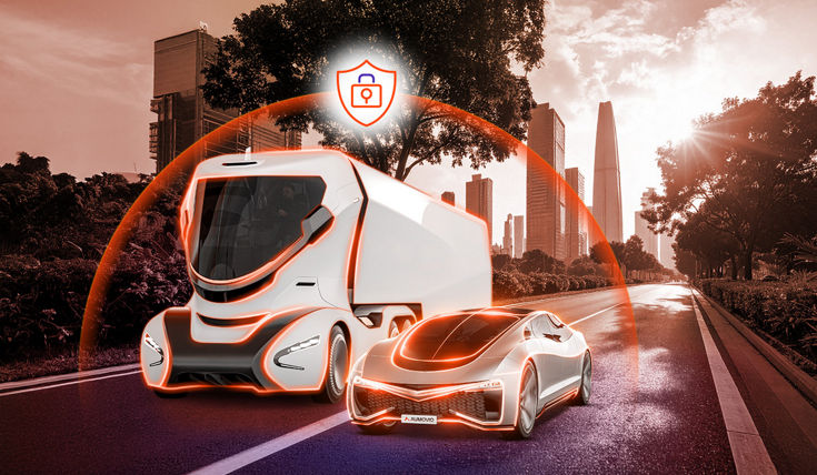 A futuristic truck and car with orange highlights on a tree-lined road are protected by an orange cybersecurity dome, with city skyscrapers visible in the background.