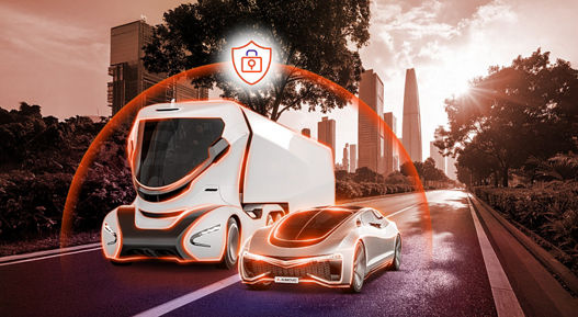 A futuristic truck and car with orange highlights on a tree-lined road are protected by an orange cybersecurity dome, with city skyscrapers visible in the background.