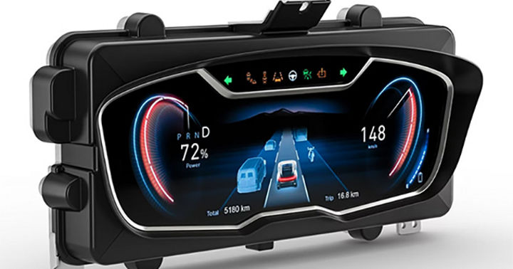 Image of the digital cluster from AUMOVIO. Digital clusters ensure drivers are reliably informed at all times like speed, RPM, temperature, fuel level, and warning indicators. Beyond the basics, they integrate advanced features like navigation, media, communication, camera views, and driver assistance systems – all in one intuitive interface.