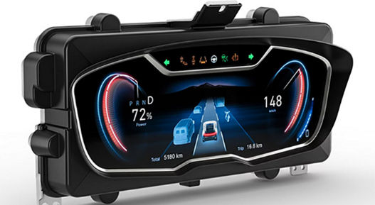 Image of the digital cluster from AUMOVIO. Digital clusters ensure drivers are reliably informed at all times like speed, RPM, temperature, fuel level, and warning indicators. Beyond the basics, they integrate advanced features like navigation, media, communication, camera views, and driver assistance systems – all in one intuitive interface.