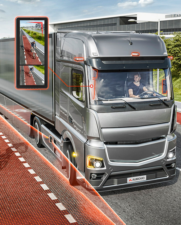 Modern truck equipped with a digital mirror system detecting a cyclist in the blind spot, highlighted with red safety zones on a multi-lane road.