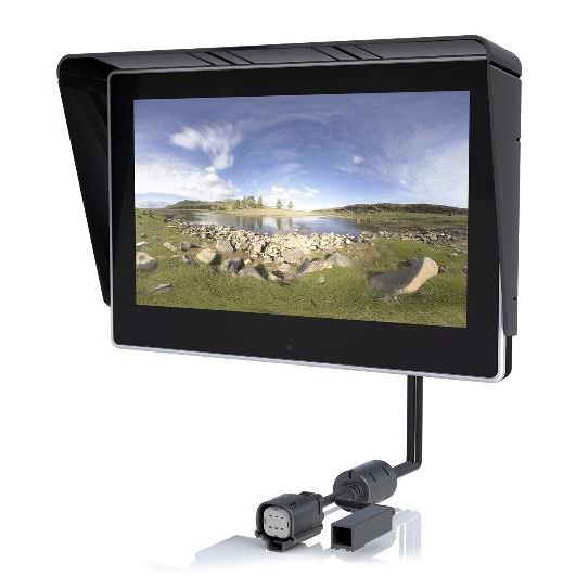 Hochauflösender Fahrzeug-Displaymonitor mit Panorama-Landschaftsbild, ausgestattet mit Anschlüssen und einer Sonnenblende.