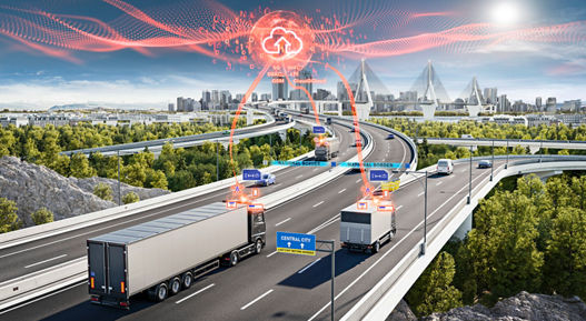 Illustration of connected trucks on a smart highway using AUMOVIO's cloud-based tolling and digital services. The image shows modern freight vehicles communicating via 5G and IoT technology, enabling seamless border crossing and automated toll collection in a futuristic city environment.